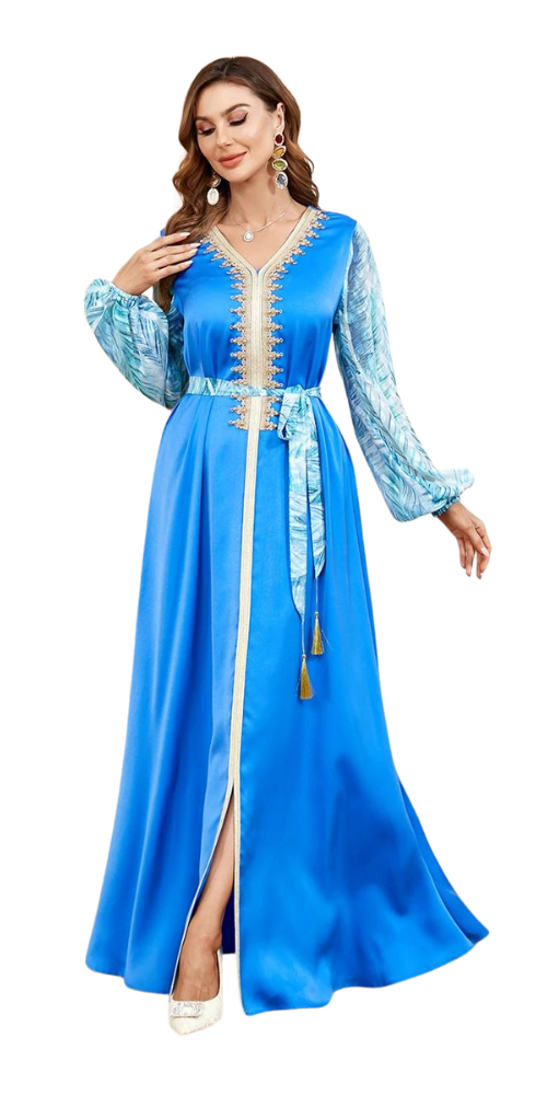 Moroccan Beaded Satin Kaftan Blue