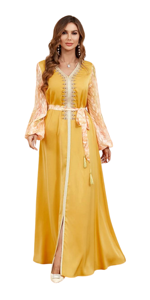 Moroccan Beaded Satin Kaftan Yellow